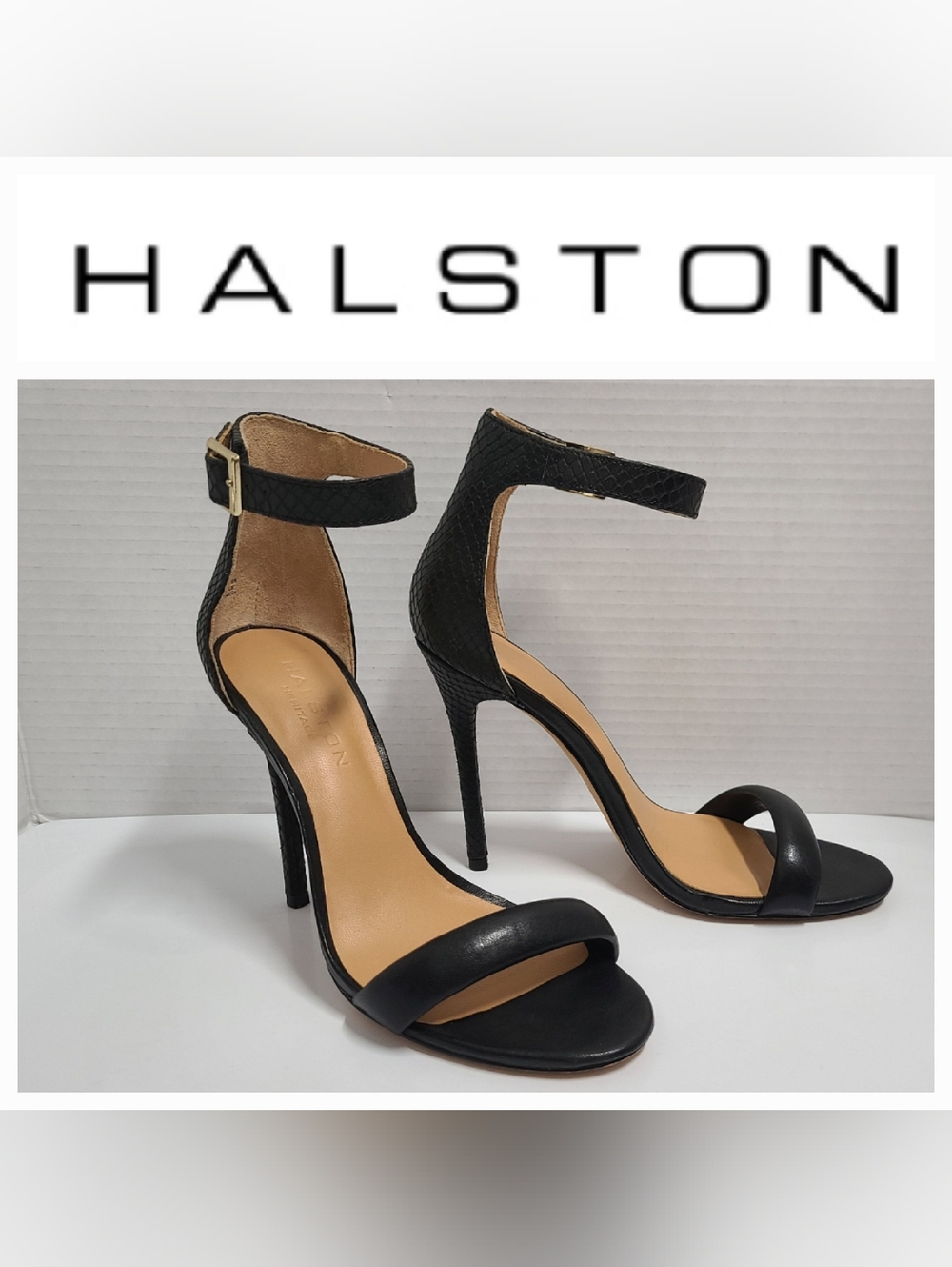 HALSTON HERITAGE Ester Heeled Sandals Black Embossed Leather Ankle Strap Sz 7